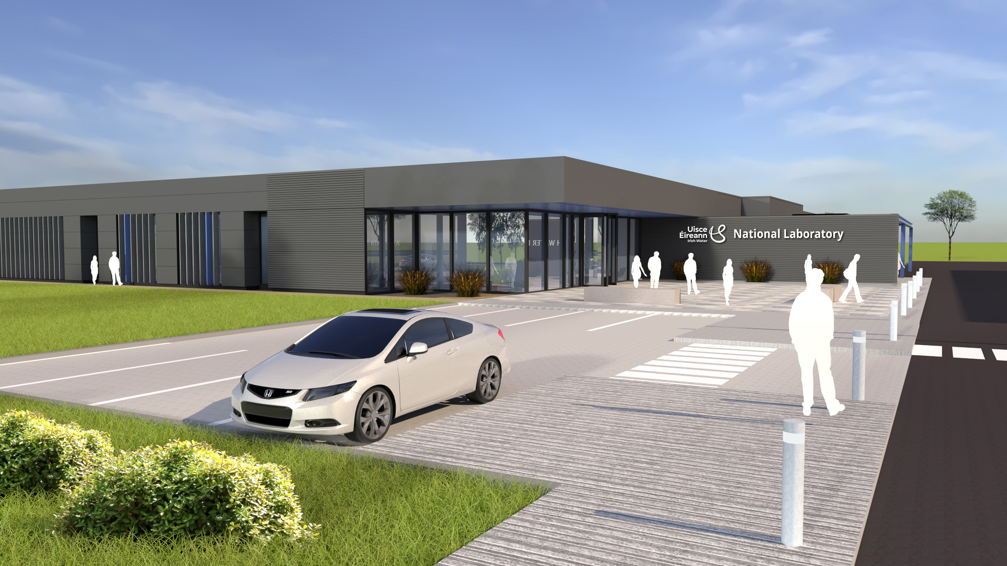 Mockup of the National Laboratory in Limerick showing the new UÉ logo on the front of the building