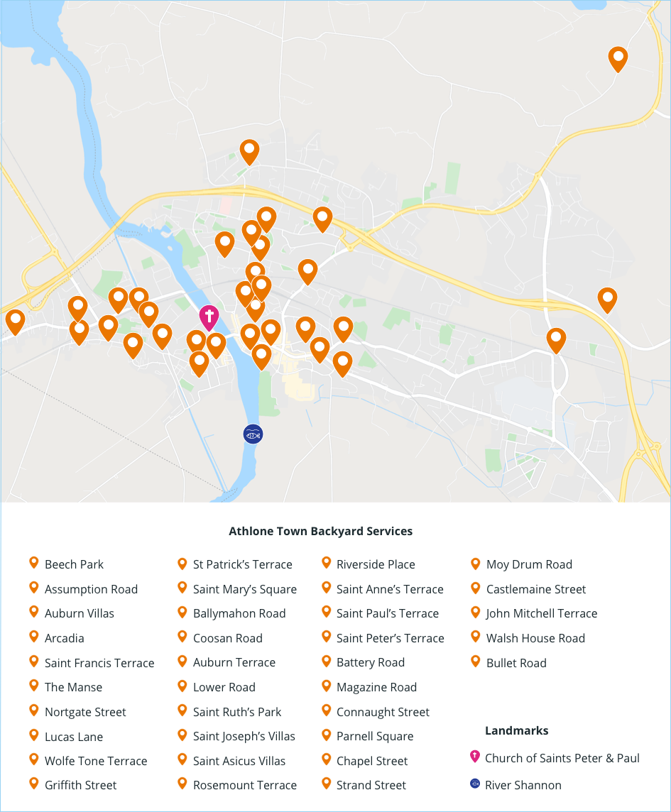 Map of Athlone with maps pins for backyard services