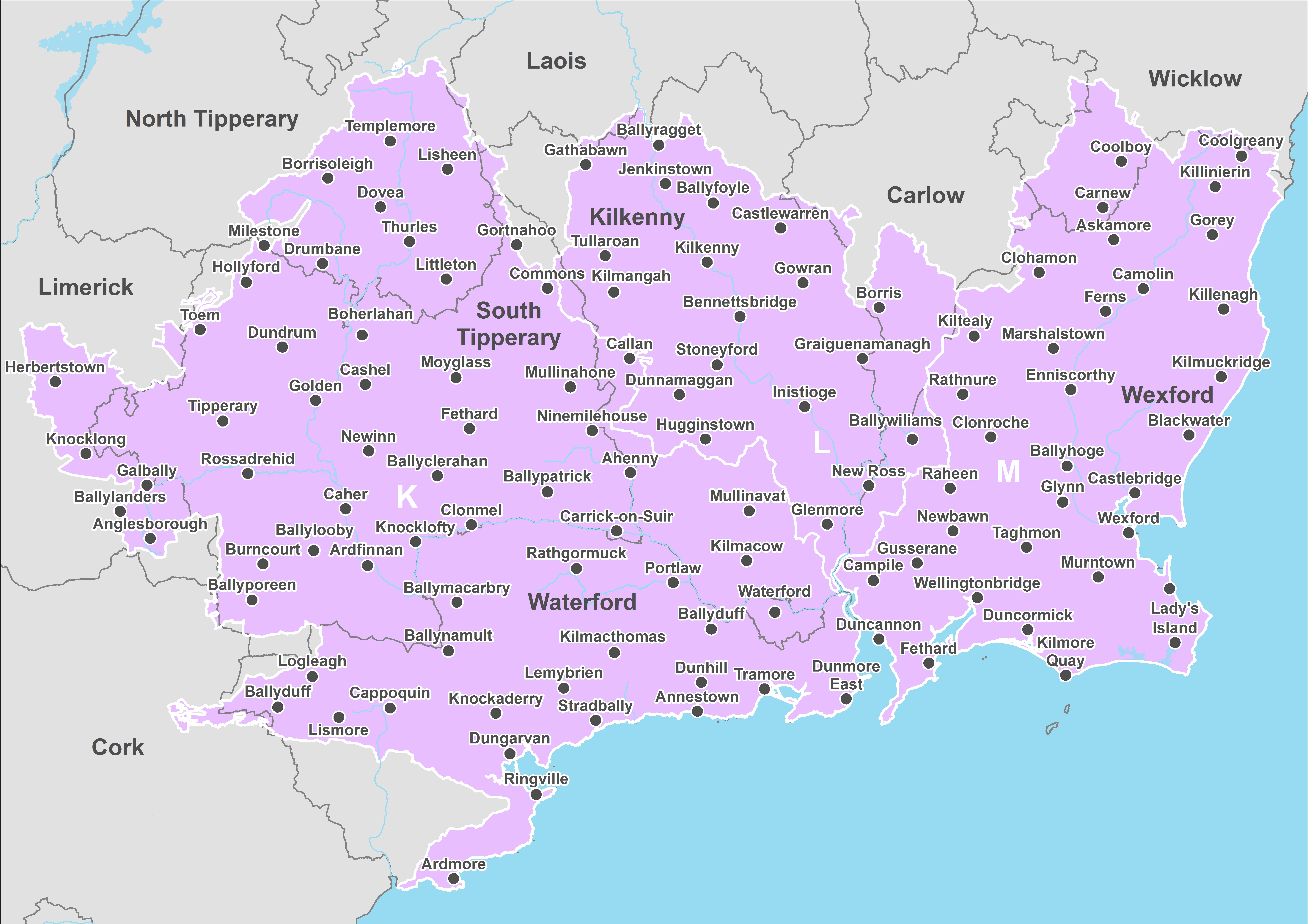 Close up map of Ireland zoomed in to Waterford, Wexford and Kilkenny with different pins of towns