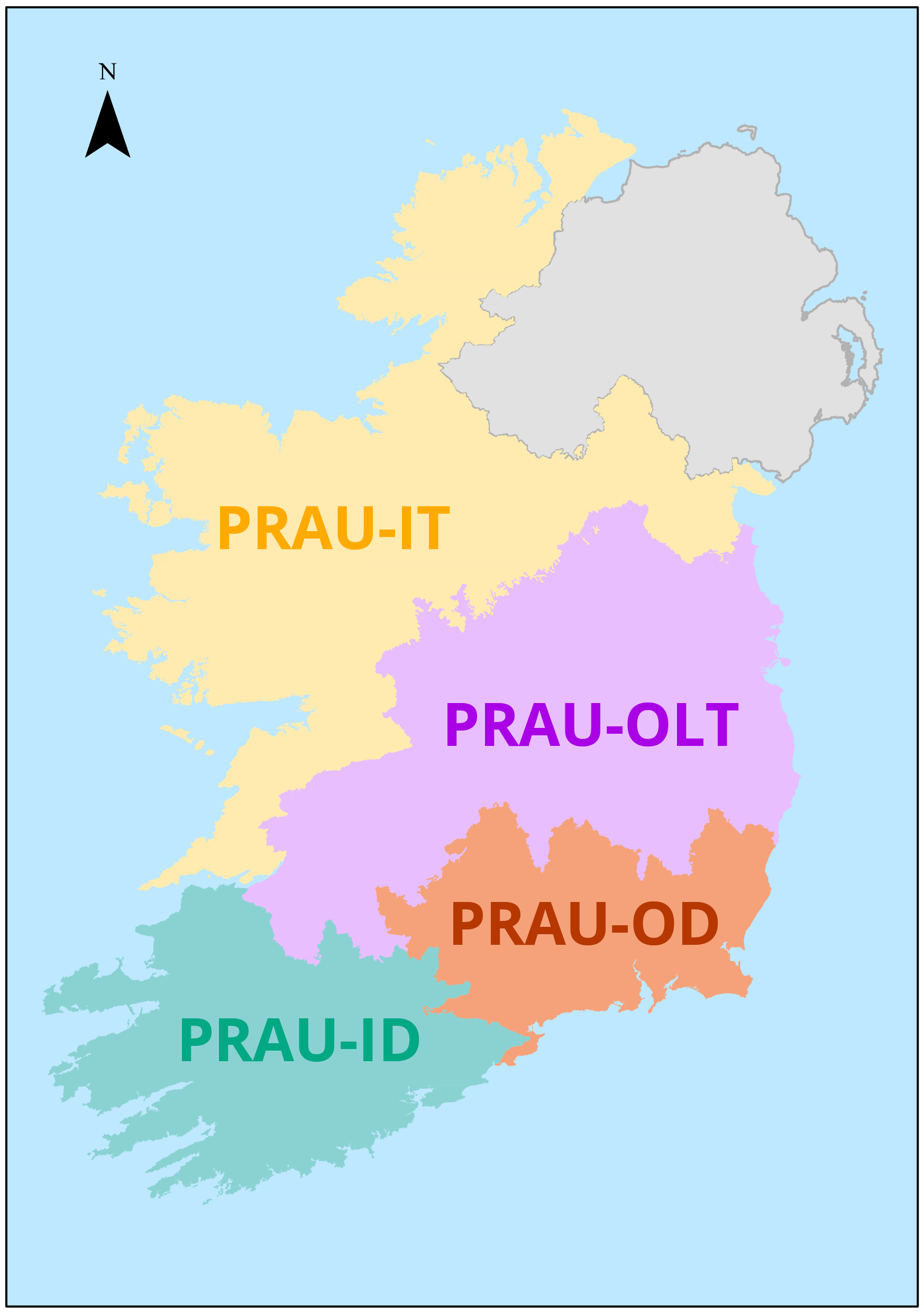 Ireland map with regions highlighted with labels